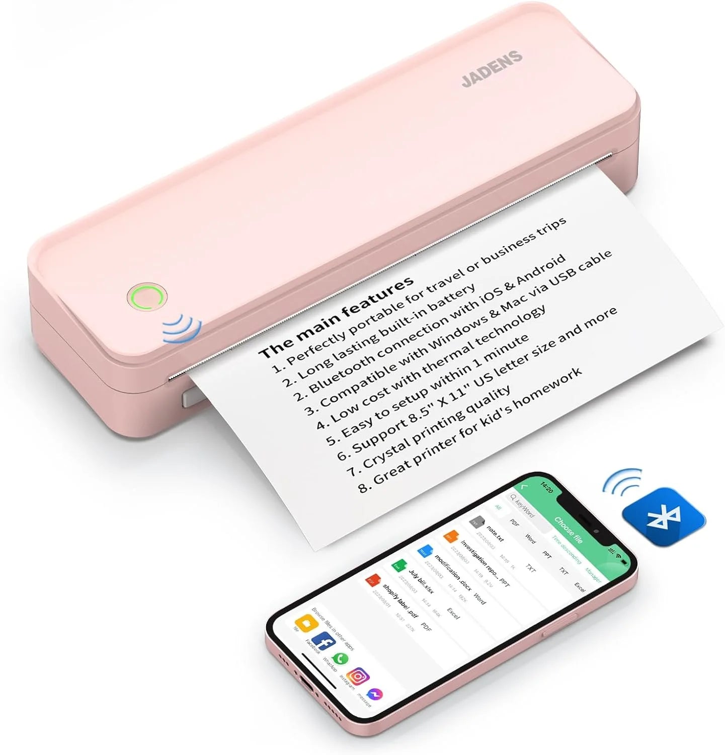 School Supplies Wireless Portable Printer for Travel, Bluetooth Thermal Printer, Compact Inkless Printer Compatible with Android, Ios and Laptop for Office Home, Support 8.5'' X 11'' US Letter