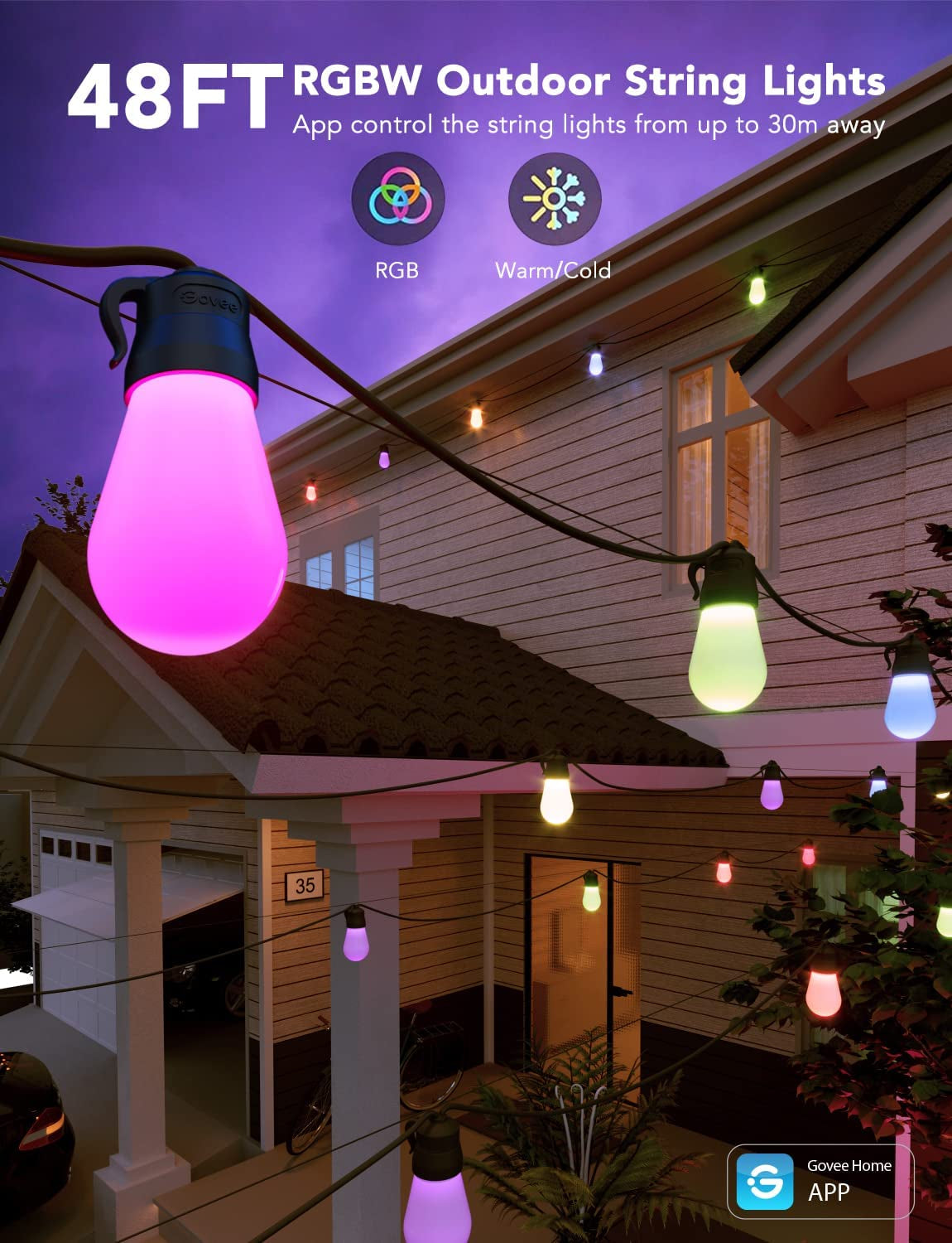 Smart Outdoor String Lights H7015, 48Ft RGBIC Outdoor Lights with 15 Dimmable LED Bulbs, IP65 Waterproof, Color Changing Warm White Lights with 47 Scene Modes for Patio, Backyard, App Control
