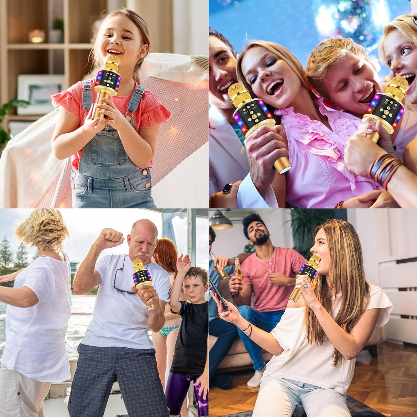 Karaoke Microphone for Kids & Adults - Instrument Wireless Microphones Bluetooth Singing Mic with Disco Lights, Echo Effect, Built-In Speaker Portable for Party Travel Gifts Q78(Gold)