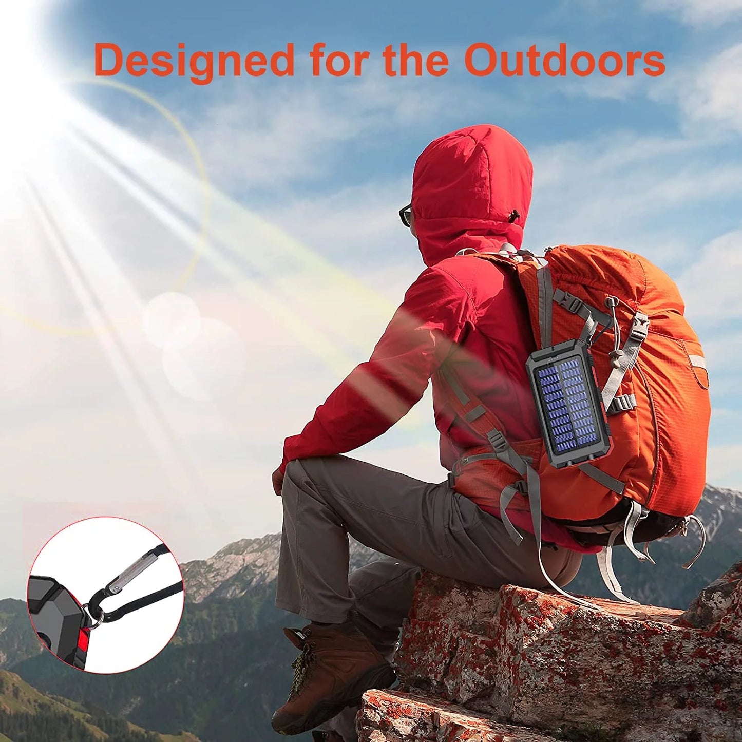Solar Charger for Cell Phone 20000Mah, Portable Solar Power Bank with Dual 5V USB Ports, 2 Led Light Flashlight, Compass (Red)