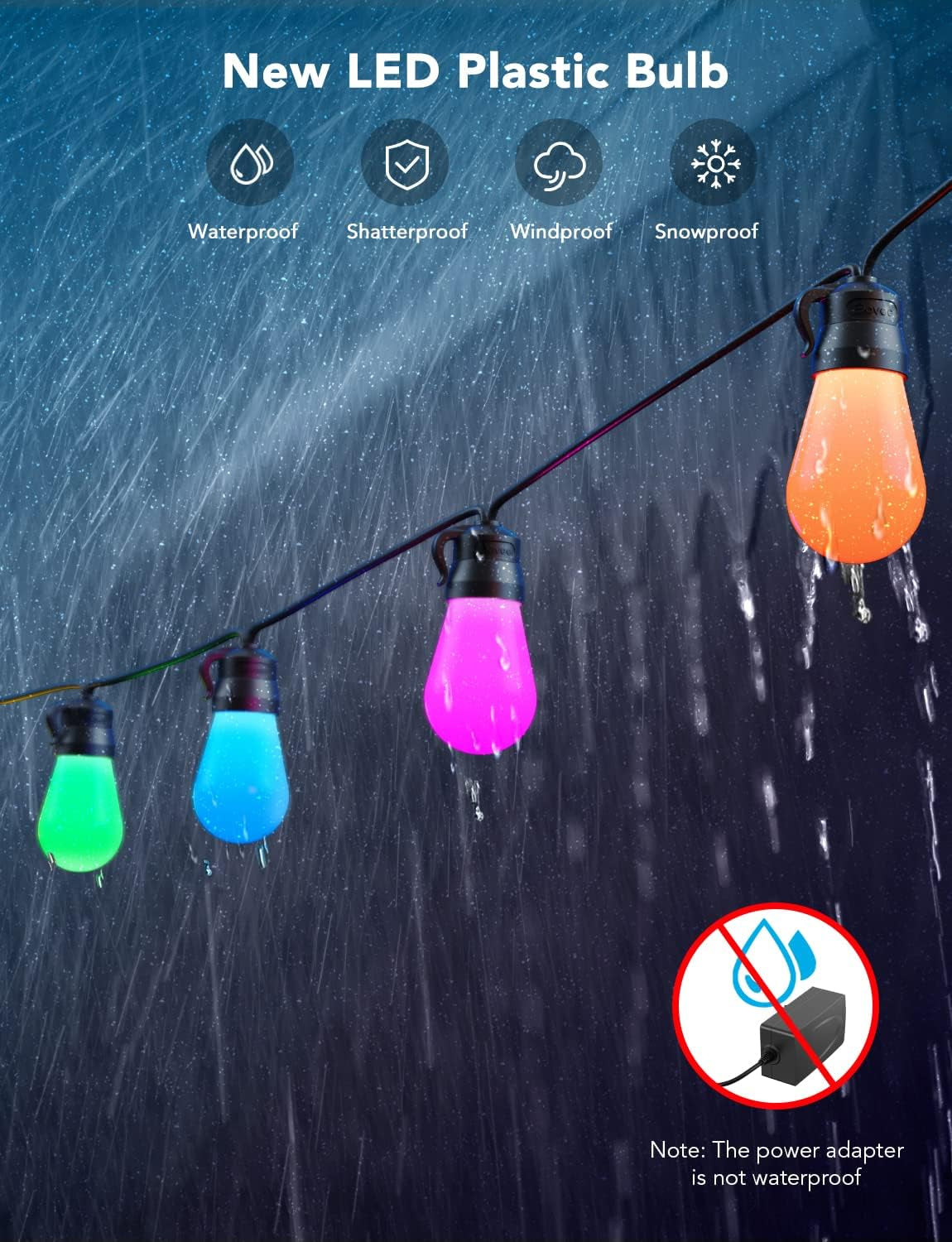 Smart Outdoor String Lights H7015, 48Ft RGBIC Outdoor Lights with 15 Dimmable LED Bulbs, IP65 Waterproof, Color Changing Warm White Lights with 47 Scene Modes for Patio, Backyard, App Control