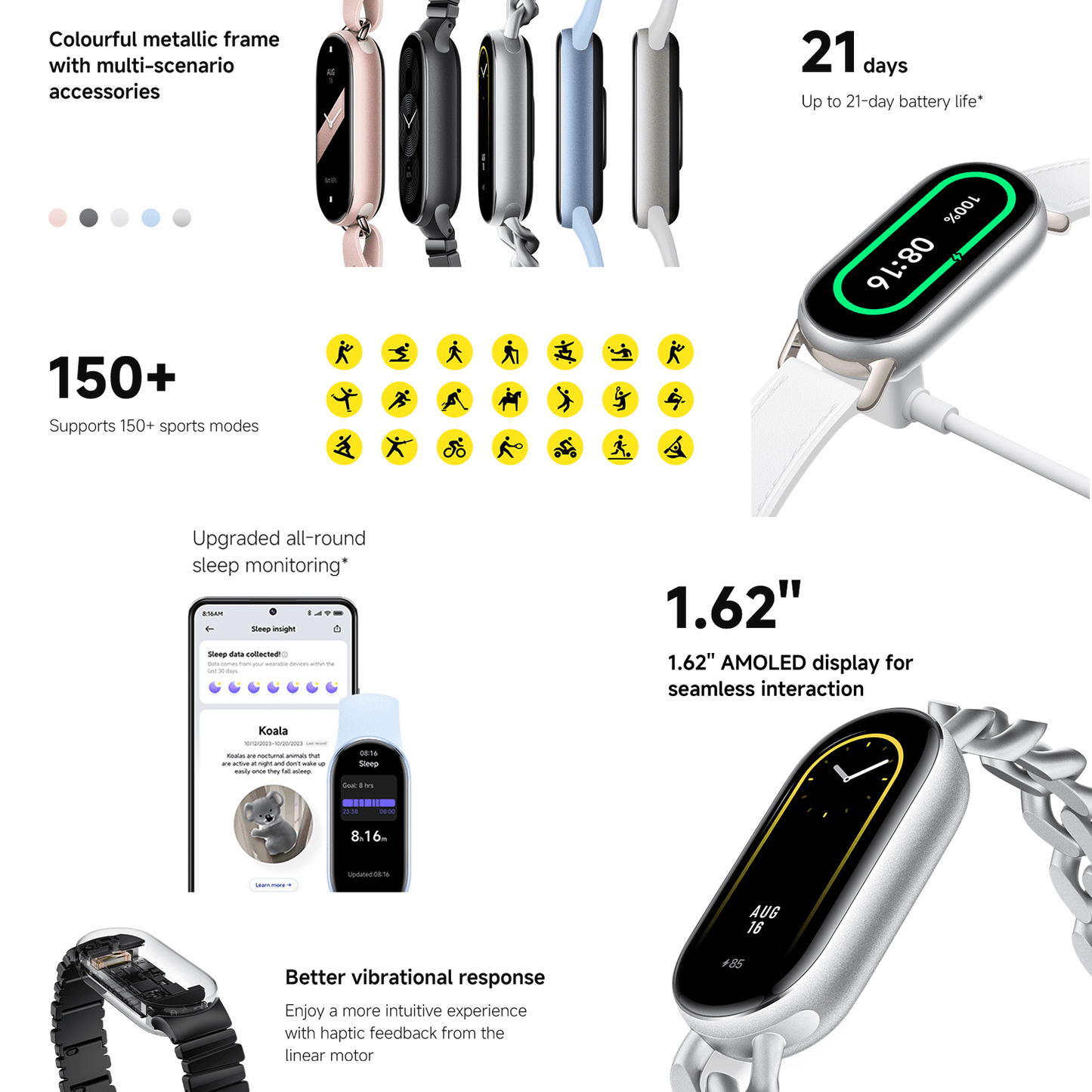 Fitness Tracker, 1.62'' AMOLED Display, 21-Day Battery Life, 150+ Fitness Modes, ATM5, for Android & Iphone, Midnight Balck