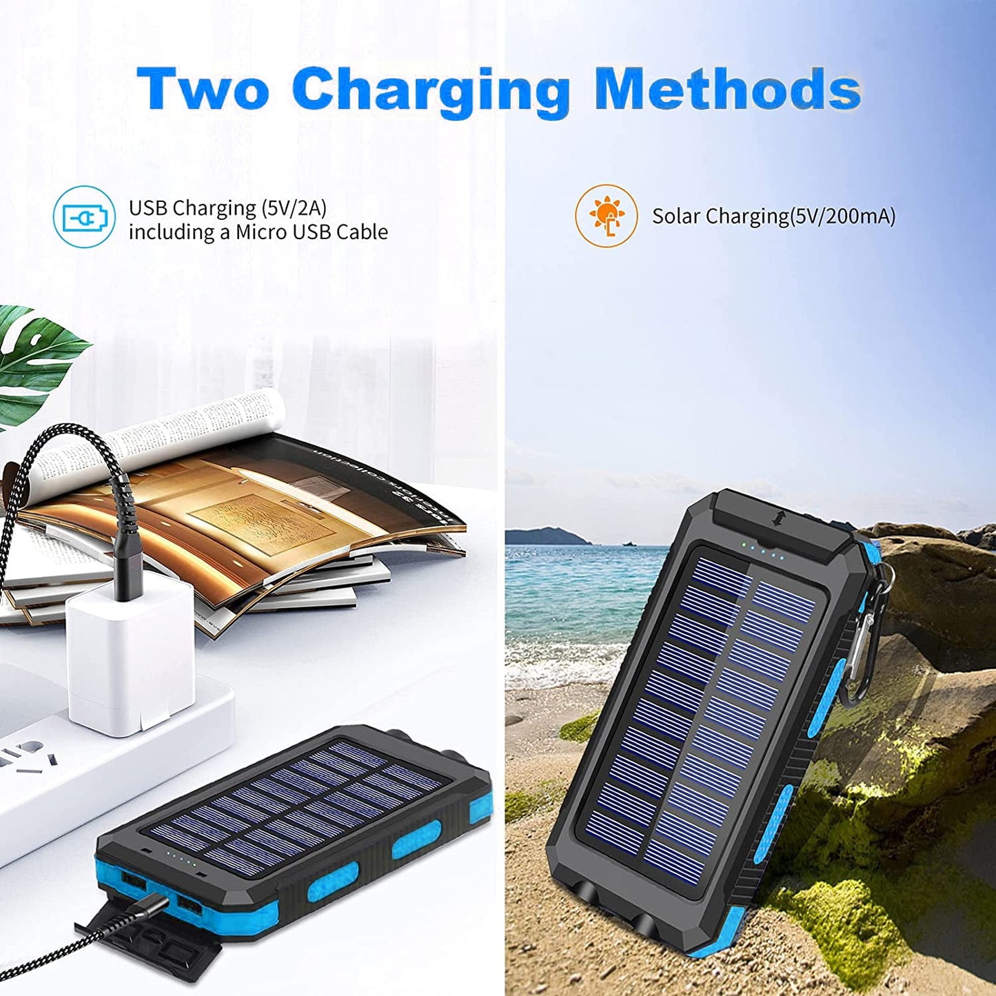20000Mah Solar Charger for Cell Phone Iphone, Portable Solar Power Bank with Dual 5V USB Ports, 2 LED Light Flashlight, Compass Battery Pack for Outdoor Camping Hiking (Blue)