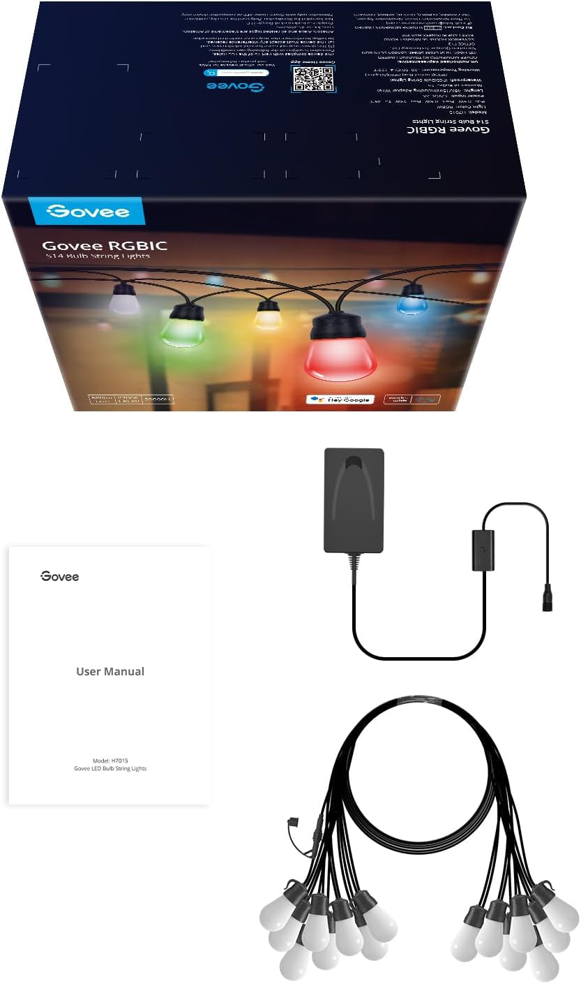 Smart Outdoor String Lights H7015, 48Ft RGBIC Outdoor Lights with 15 Dimmable LED Bulbs, IP65 Waterproof, Color Changing Warm White Lights with 47 Scene Modes for Patio, Backyard, App Control