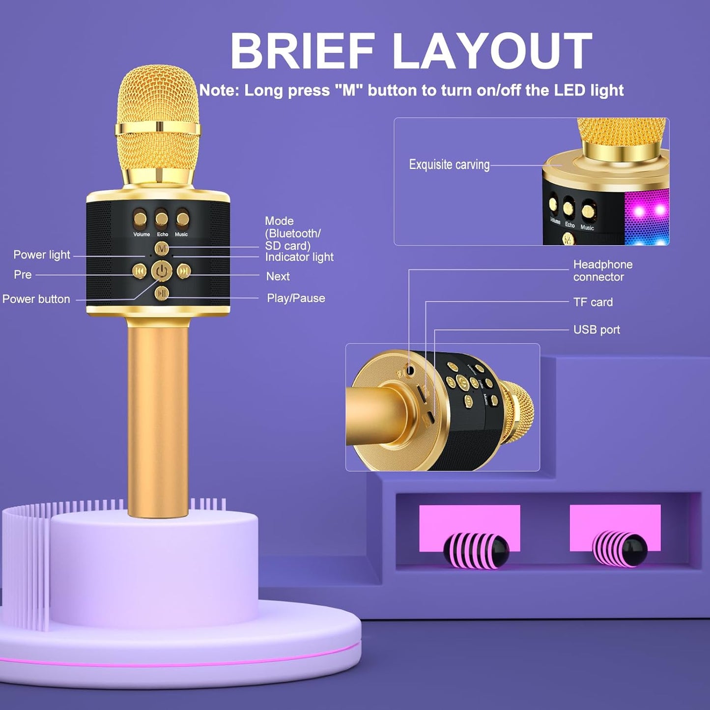 Karaoke Microphone for Kids & Adults - Instrument Wireless Microphones Bluetooth Singing Mic with Disco Lights, Echo Effect, Built-In Speaker Portable for Party Travel Gifts Q78(Gold)