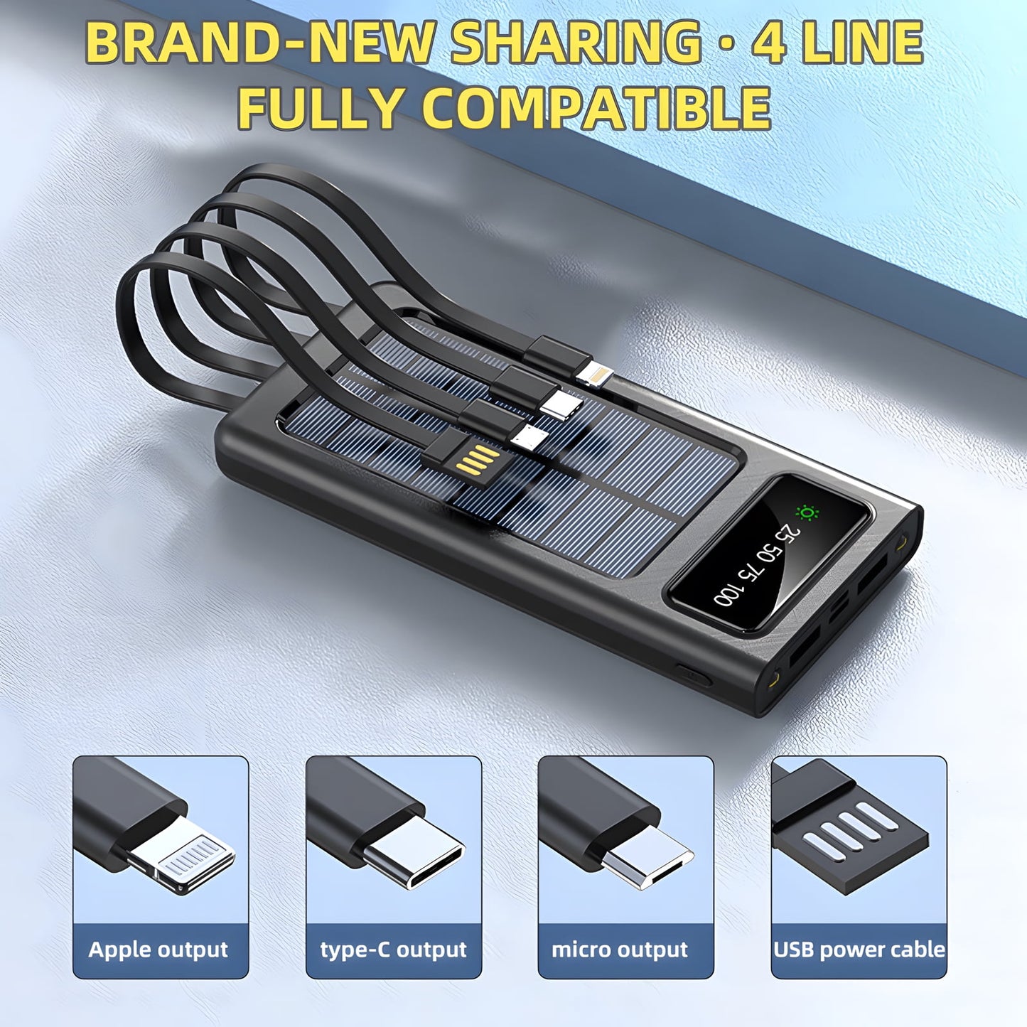 40000Mah Solar Power Bank Battery Pack with 4 Cables, Portable Solar Charger with Dual 5V USB Ports