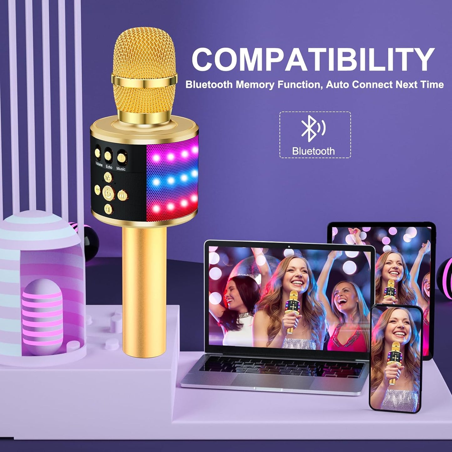 Karaoke Microphone for Kids & Adults - Instrument Wireless Microphones Bluetooth Singing Mic with Disco Lights, Echo Effect, Built-In Speaker Portable for Party Travel Gifts Q78(Gold)