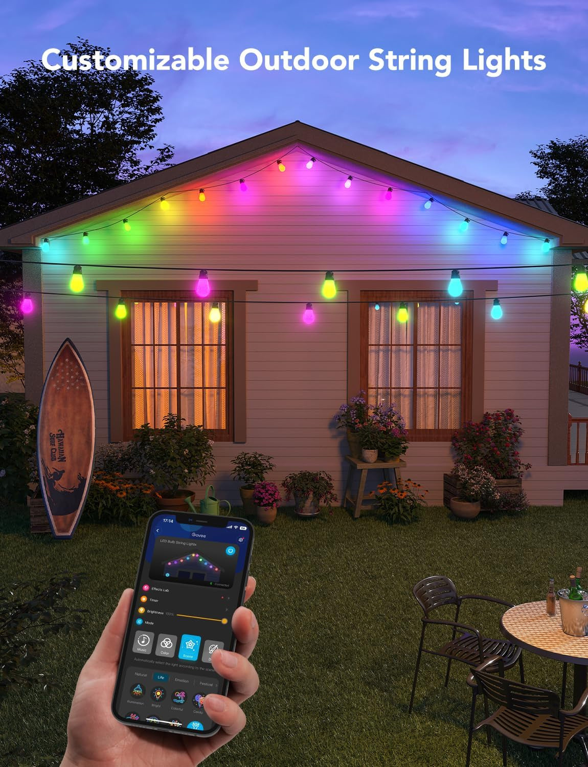Smart Outdoor String Lights H7015, 48Ft RGBIC Outdoor Lights with 15 Dimmable LED Bulbs, IP65 Waterproof, Color Changing Warm White Lights with 47 Scene Modes for Patio, Backyard, App Control