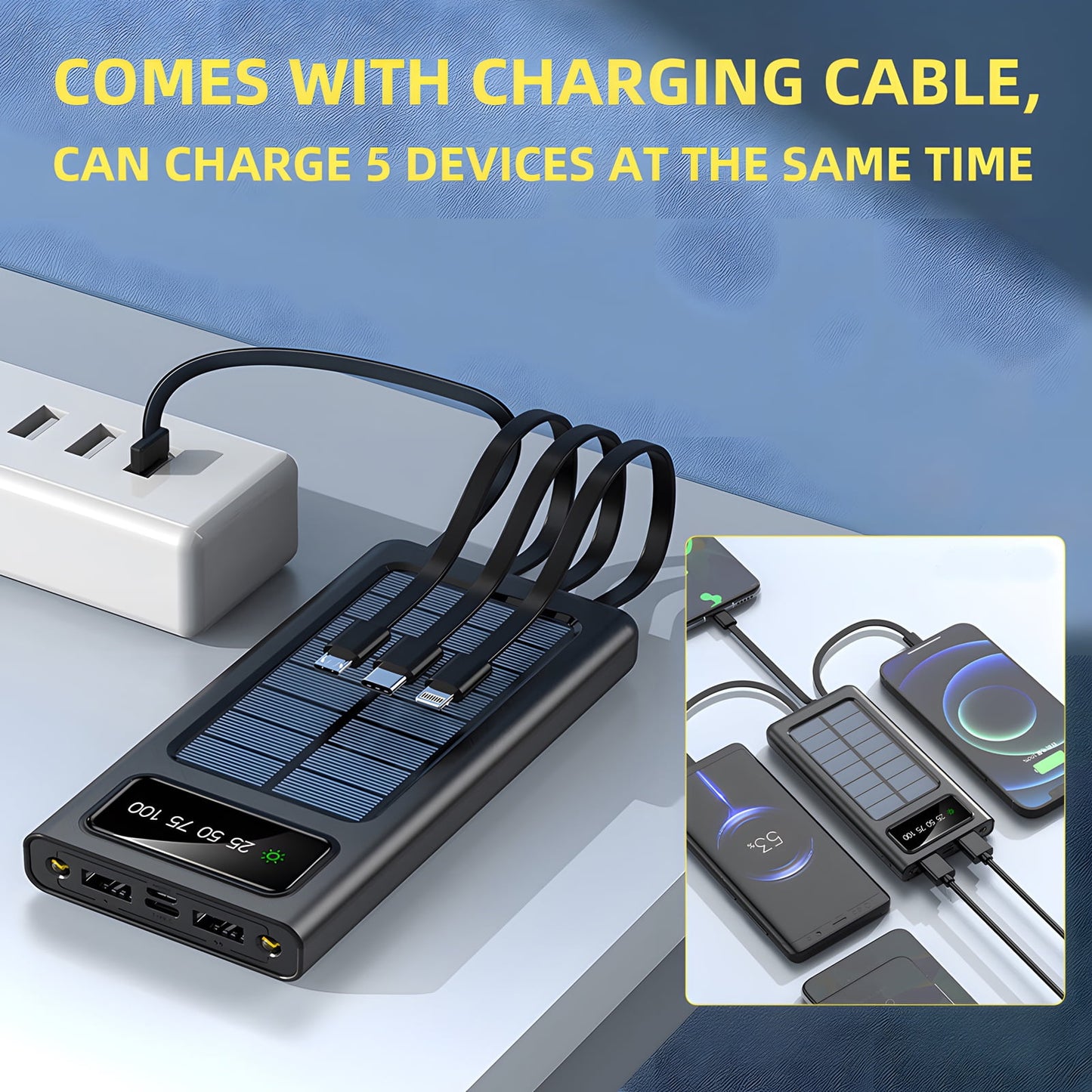 40000Mah Solar Power Bank Battery Pack with 4 Cables, Portable Solar Charger with Dual 5V USB Ports