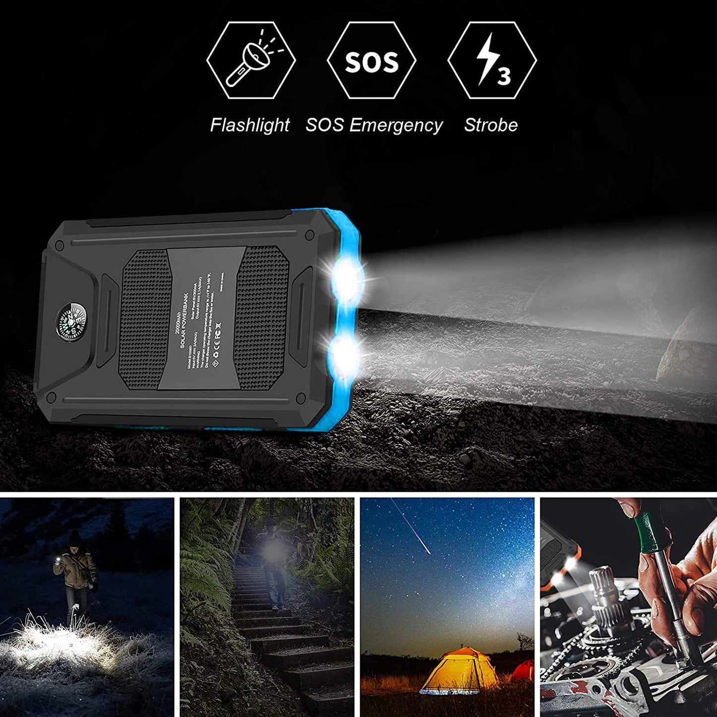 20000Mah Solar Charger for Cell Phone Iphone, Portable Solar Power Bank with Dual 5V USB Ports, 2 LED Light Flashlight, Compass Battery Pack for Outdoor Camping Hiking (Blue)