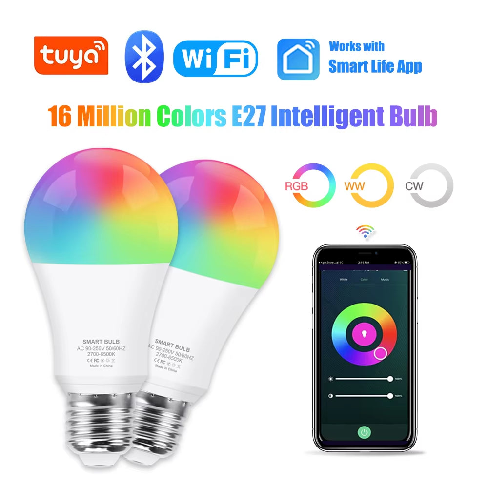 Tuya Wifi/Bluetooth Smart Bulb E27 RGB Alexa Led Lamp Smart Light Bulbs AC 85-265V Smart Lamps for Google Assistant Smart Life