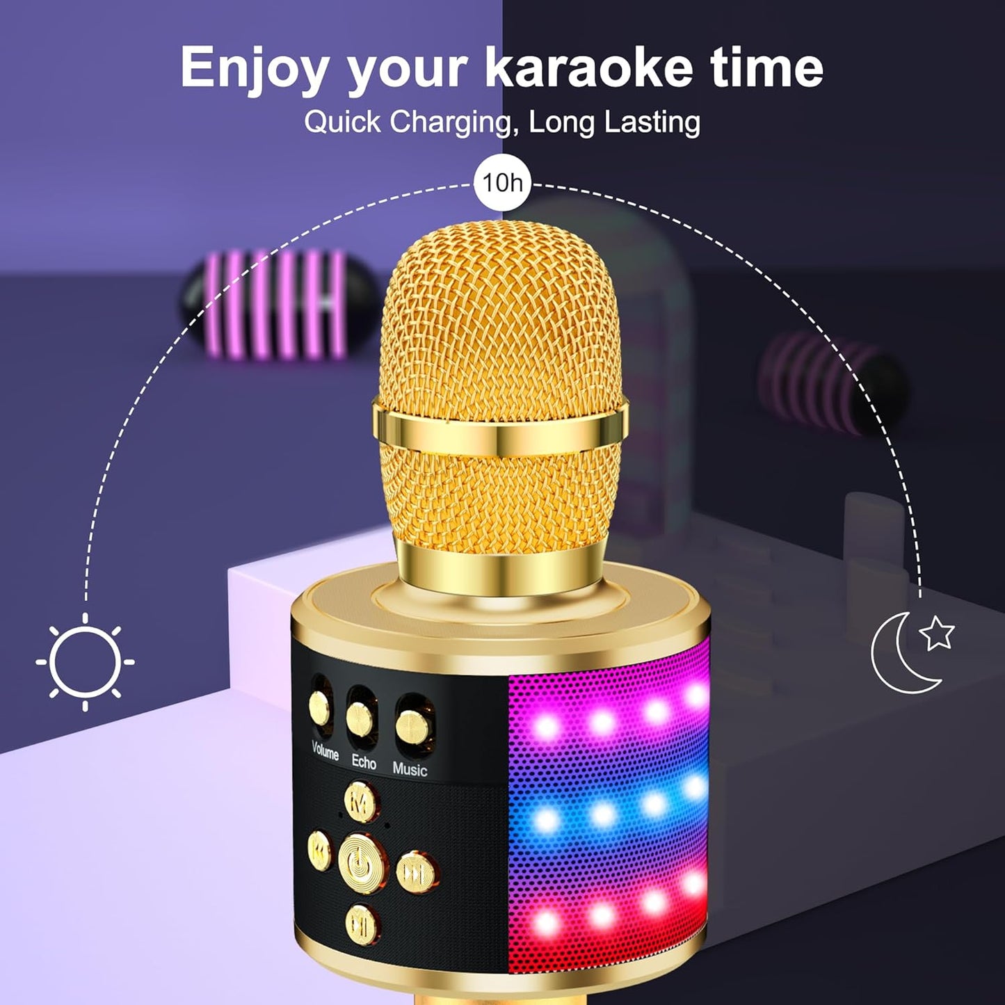 Karaoke Microphone for Kids & Adults - Instrument Wireless Microphones Bluetooth Singing Mic with Disco Lights, Echo Effect, Built-In Speaker Portable for Party Travel Gifts Q78(Gold)
