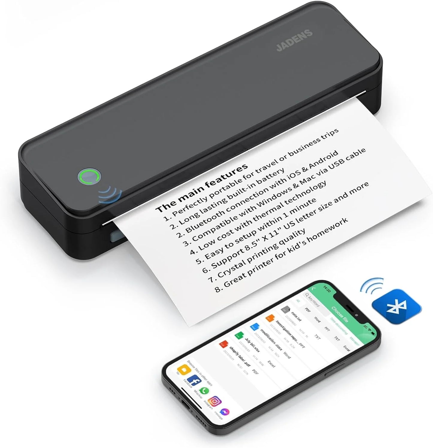 School Supplies Wireless Portable Printer for Travel, Bluetooth Thermal Printer, Compact Inkless Printer Compatible with Android, Ios and Laptop for Office Home, Support 8.5'' X 11'' US Letter