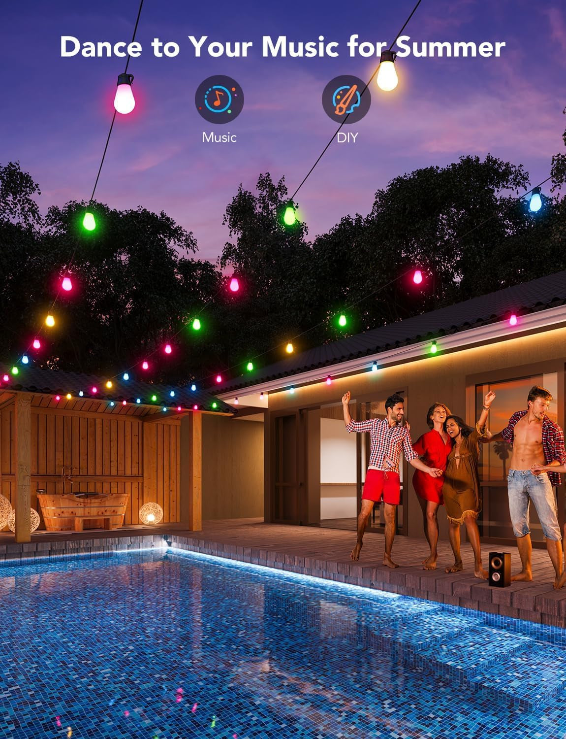 Smart Outdoor String Lights H7015, 48Ft RGBIC Outdoor Lights with 15 Dimmable LED Bulbs, IP65 Waterproof, Color Changing Warm White Lights with 47 Scene Modes for Patio, Backyard, App Control