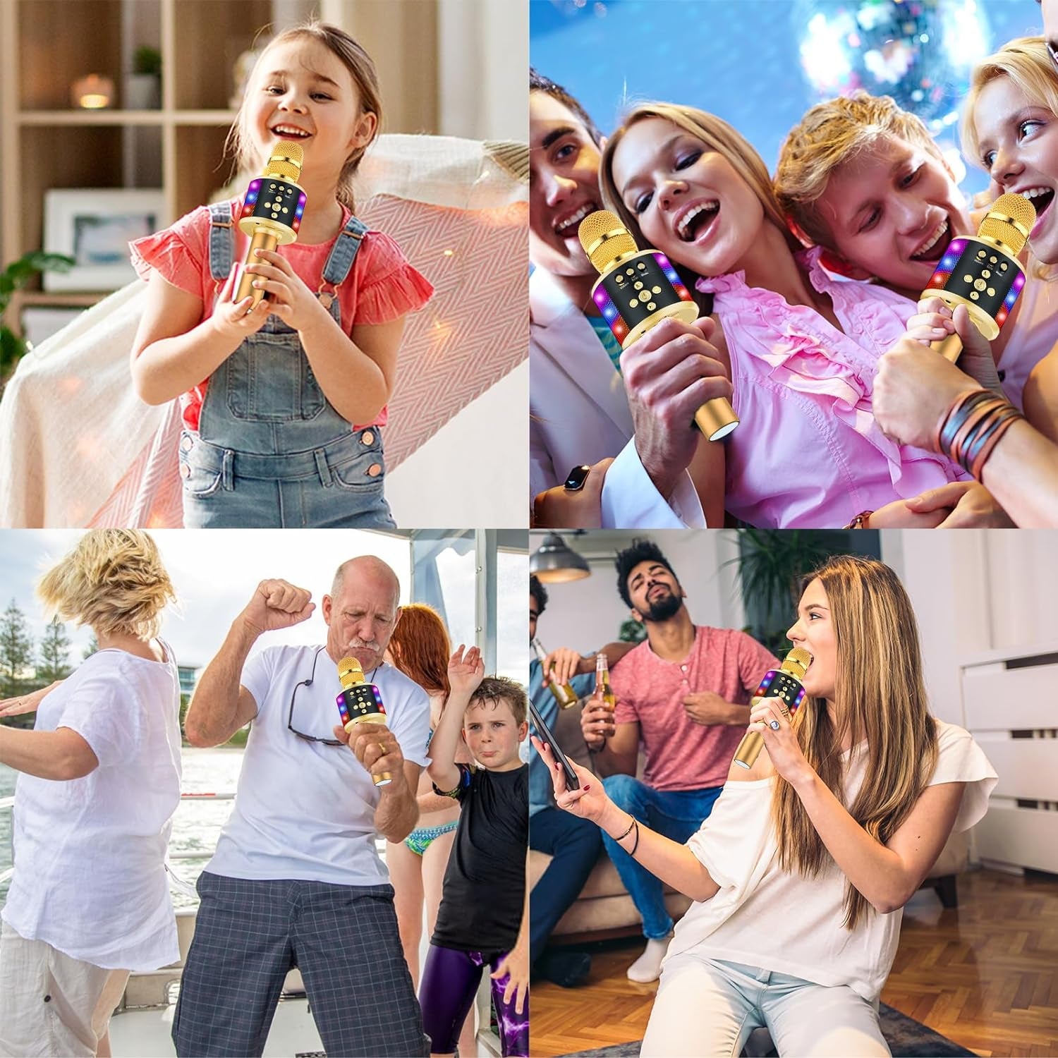 Karaoke Microphone for Kids & Adults - Instrument Wireless Microphones Bluetooth Singing Mic with Disco Lights, Echo Effect, Built-In Speaker Portable for Party Travel Gifts Q78(Gold)