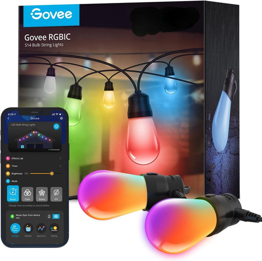 Smart Outdoor String Lights H7015, 48Ft RGBIC Outdoor Lights with 15 Dimmable LED Bulbs, IP65 Waterproof, Color Changing Warm White Lights with 47 Scene Modes for Patio, Backyard, App Control
