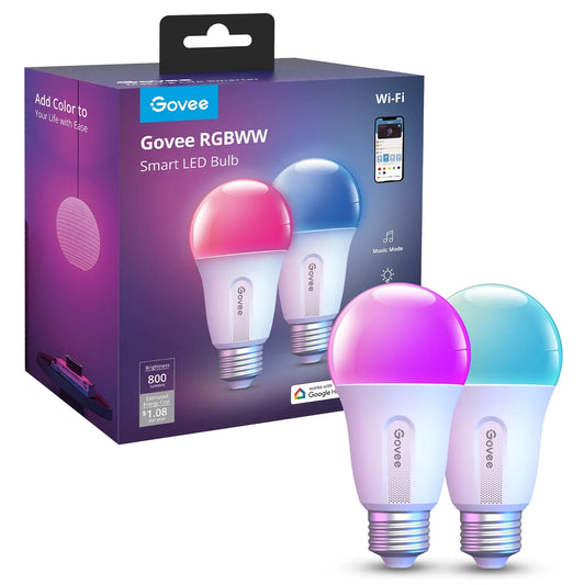 9W A19 E26 RGBWW Smart LED Bulb - 800 Lumens, Pack of 2