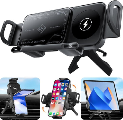 2025 Smart 2-In-1 Auto-Rotating Car Phone Holder & Wireless Charger – Foldable Mount with Fast Charging – Compatible with Iphone & Samsung Devices