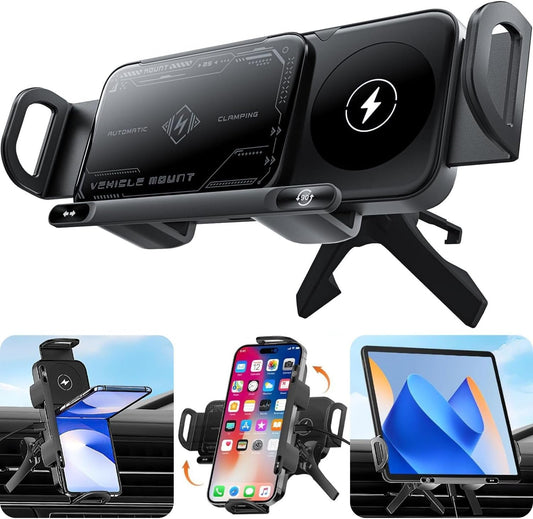 2025 Smart 2-In-1 Auto-Rotating Car Phone Holder & Wireless Charger – Foldable Mount with Fast Charging – Compatible with Iphone & Samsung Devices
