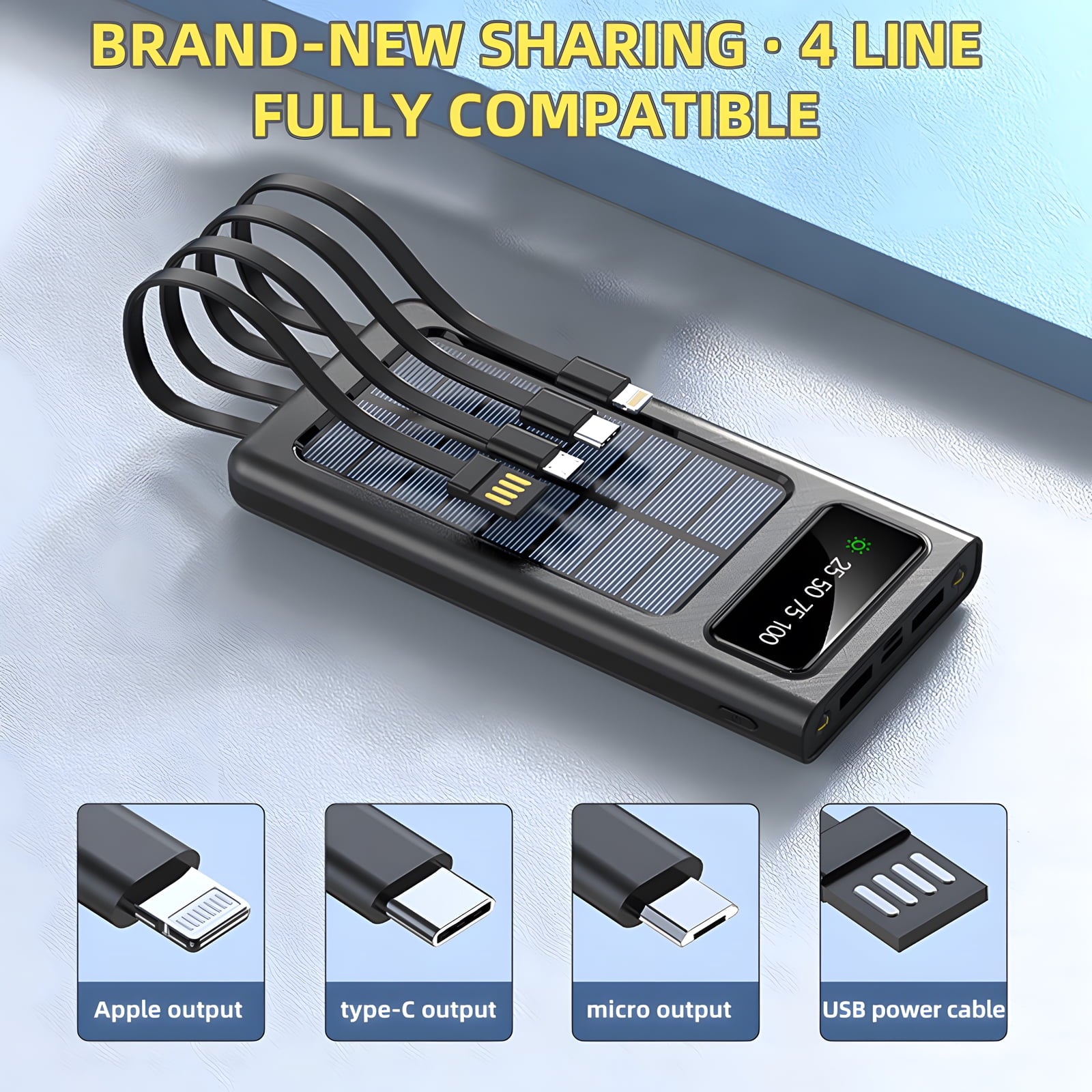 40000Mah Solar Power Bank Battery Pack with 4 Cables,  Portable Solar Charger with Dual 5V USB Ports