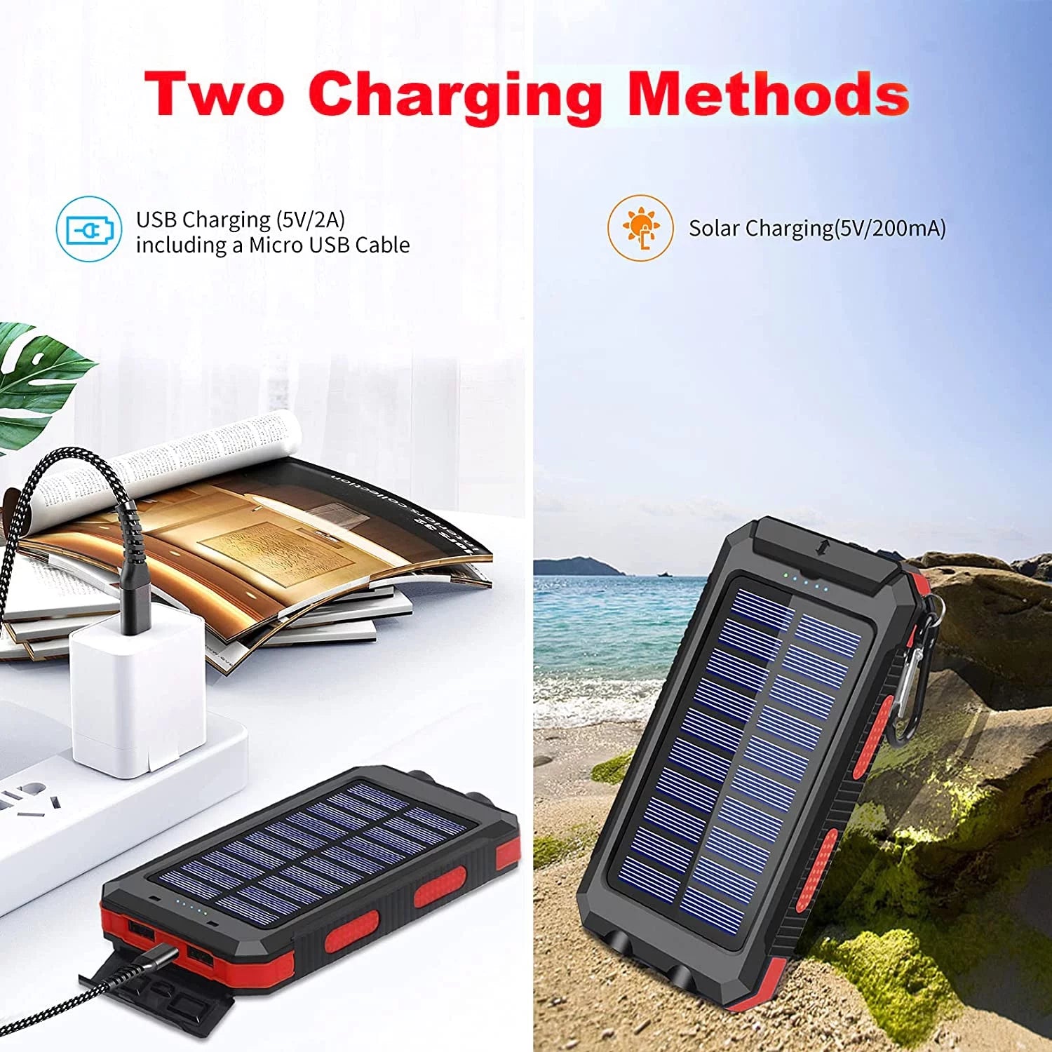 Solar Charger for Cell Phone 20000Mah, Portable Solar Power Bank with Dual 5V USB Ports, 2 Led Light Flashlight, Compass (Red)