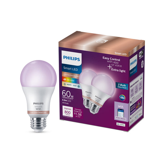 Smart Wi-Fi Connected LED 60-Watt A19 Light Bulb, Frosted Color & Tunable White, Dimmable, E26 Medium Base (2-Pack)