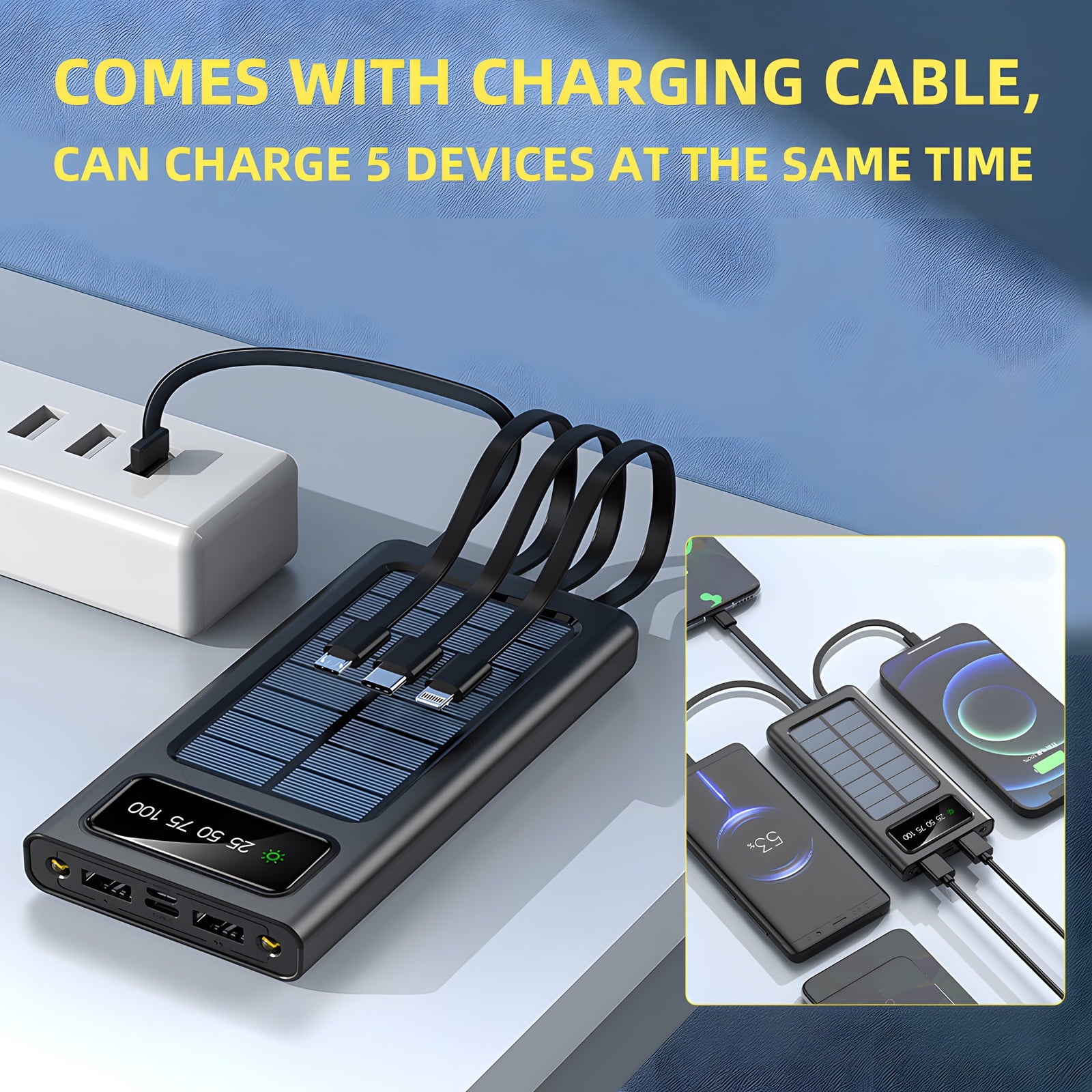 40000Mah Solar Power Bank Battery Pack with 4 Cables,  Portable Solar Charger with Dual 5V USB Ports