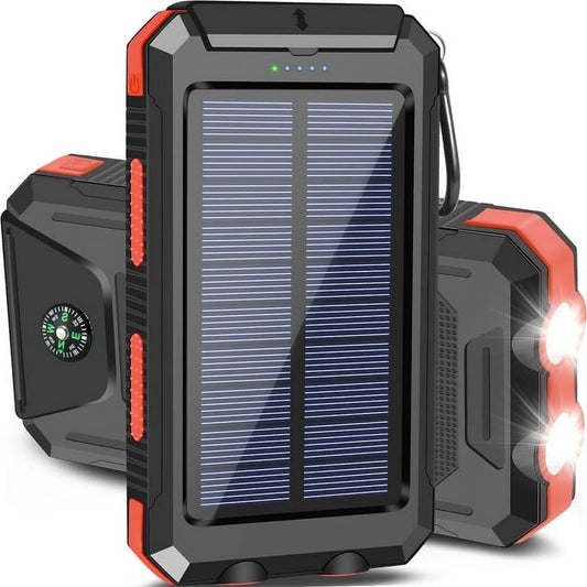 Solar Charger for Cell Phone 20000Mah, Portable Solar Power Bank with Dual 5V USB Ports, 2 Led Light Flashlight, Compass (Red)