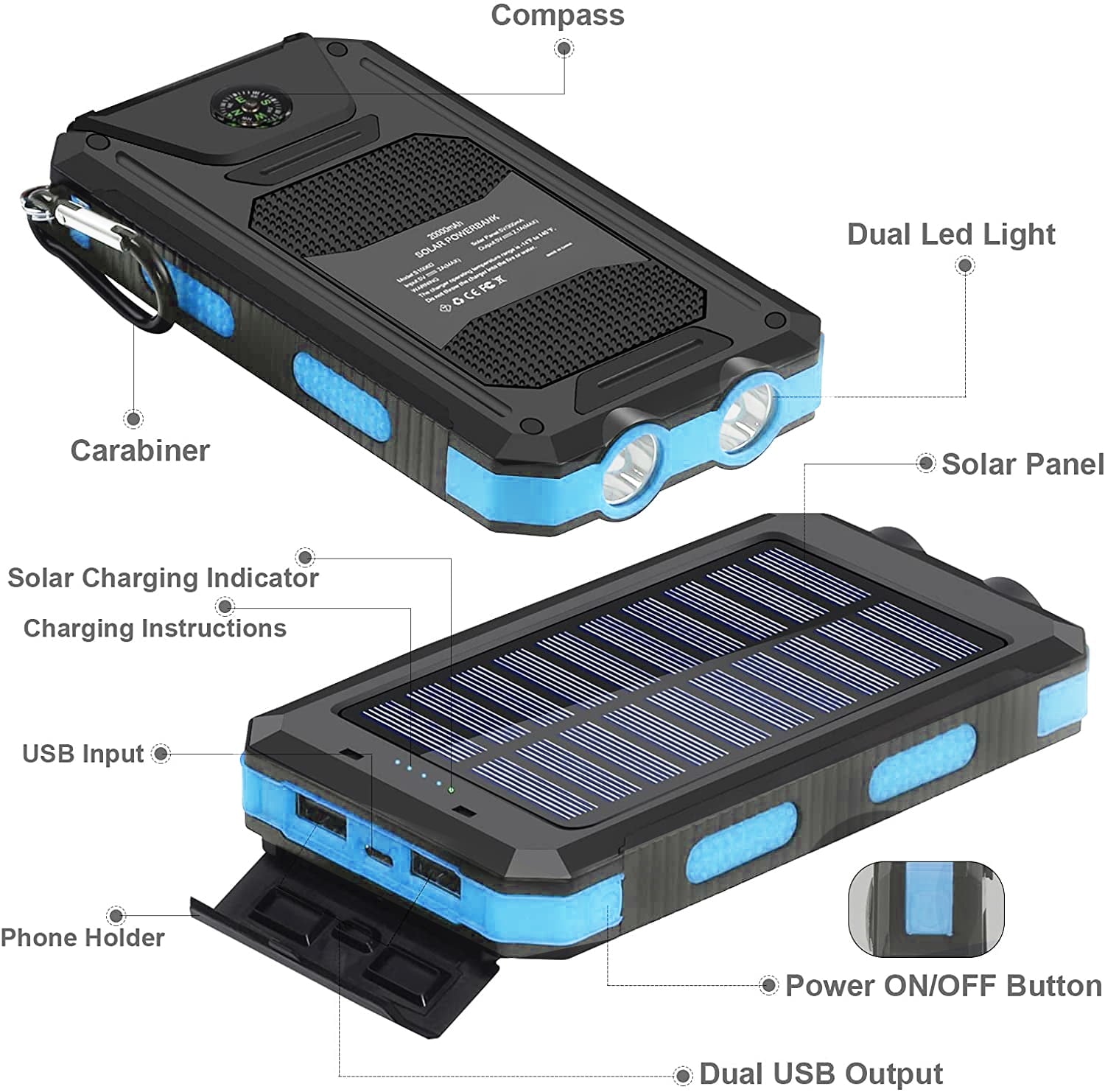 20000Mah Solar Charger for Cell Phone Iphone, Portable Solar Power Bank with Dual 5V USB Ports, 2 LED Light Flashlight, Compass Battery Pack for Outdoor Camping Hiking (Blue)