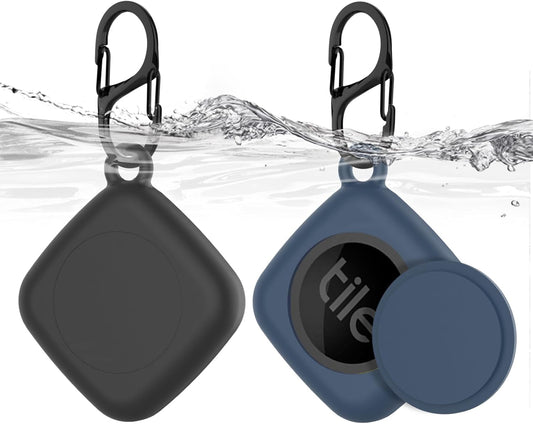 Silicone Case for Life360 Tile Tracker 2 Pack, for Tile Mate 2022 Full Body IPX8 Waterproof and Anti-Scratch Protective with Carabiner for Kids, Keys, Luggage, Cat/Dog Collar Tag (Black+Blue)