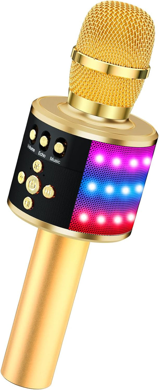 Karaoke Microphone for Kids & Adults - Instrument Wireless Microphones Bluetooth Singing Mic with Disco Lights, Echo Effect, Built-In Speaker Portable for Party Travel Gifts Q78(Gold)