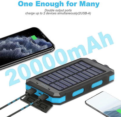 20000Mah Solar Charger for Cell Phone Iphone, Portable Solar Power Bank with Dual 5V USB Ports, 2 LED Light Flashlight, Compass Battery Pack for Outdoor Camping Hiking (Blue)