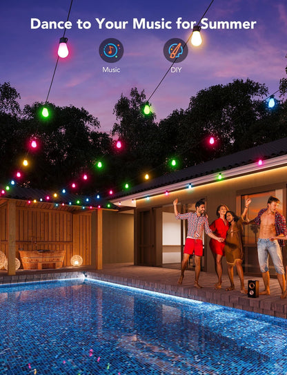 Smart Outdoor String Lights H7015, 48Ft RGBIC Outdoor Lights with 15 Dimmable LED Bulbs, IP65 Waterproof, Color Changing Warm White Lights with 47 Scene Modes for Patio, Backyard, App Control